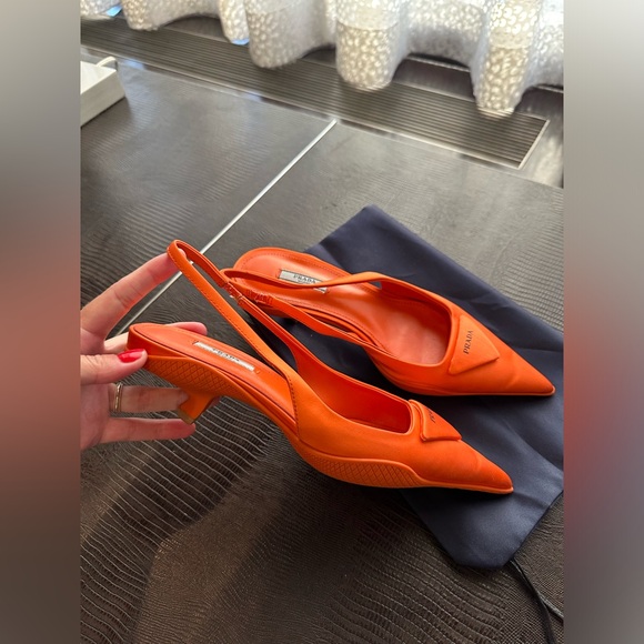 Prada Orange Logo-detailed Nylon Slingback Pumps Size US 8.5 EUR 39 Pre-Owned - Picture 3 of 16